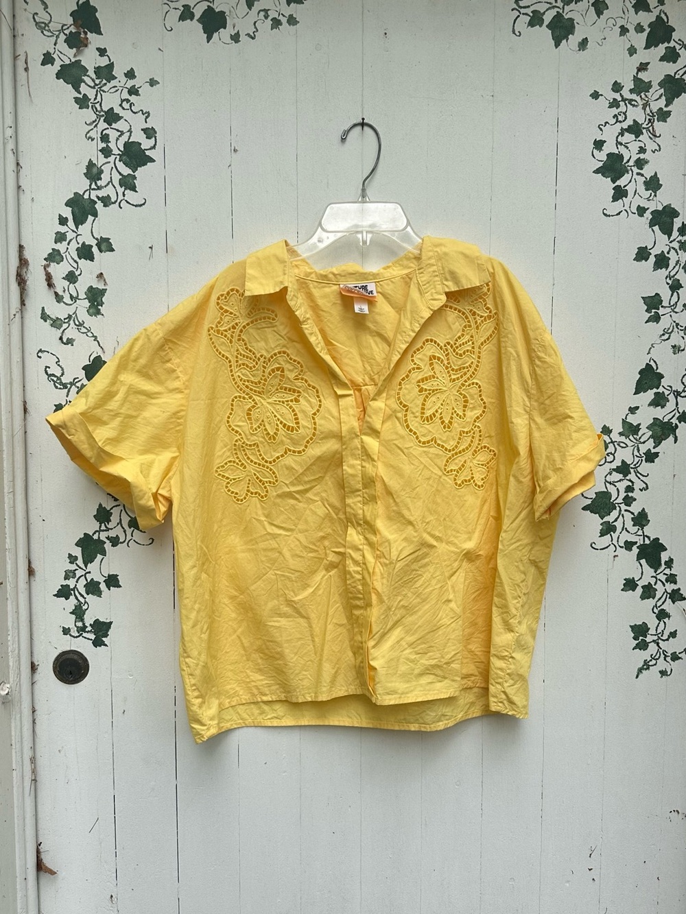100% Cotton Butter Yellow Eyelet Short-Sleeve Button Front Top